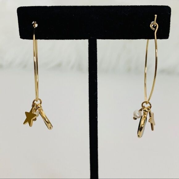 Abalone, Pearl & Star Charm Drop Hoop Earrings - Picture 3 of 8